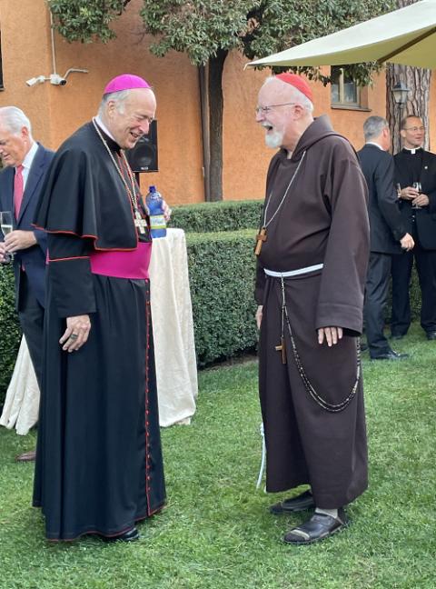 Cardinals Robert McElroy and Sean O'Malley speak during a reception hosted by the U.S. embassy to the Holy See on Aug. 26. (Courtesy of Paulist Sr. Rose Pacatte) Cardinals Robert McElroy and Sean O'Malley speak during a reception hosted by the U.S. embassy to the Holy See on Aug. 26. (Courtesy of Paulist Sr. Rose Pacatte)